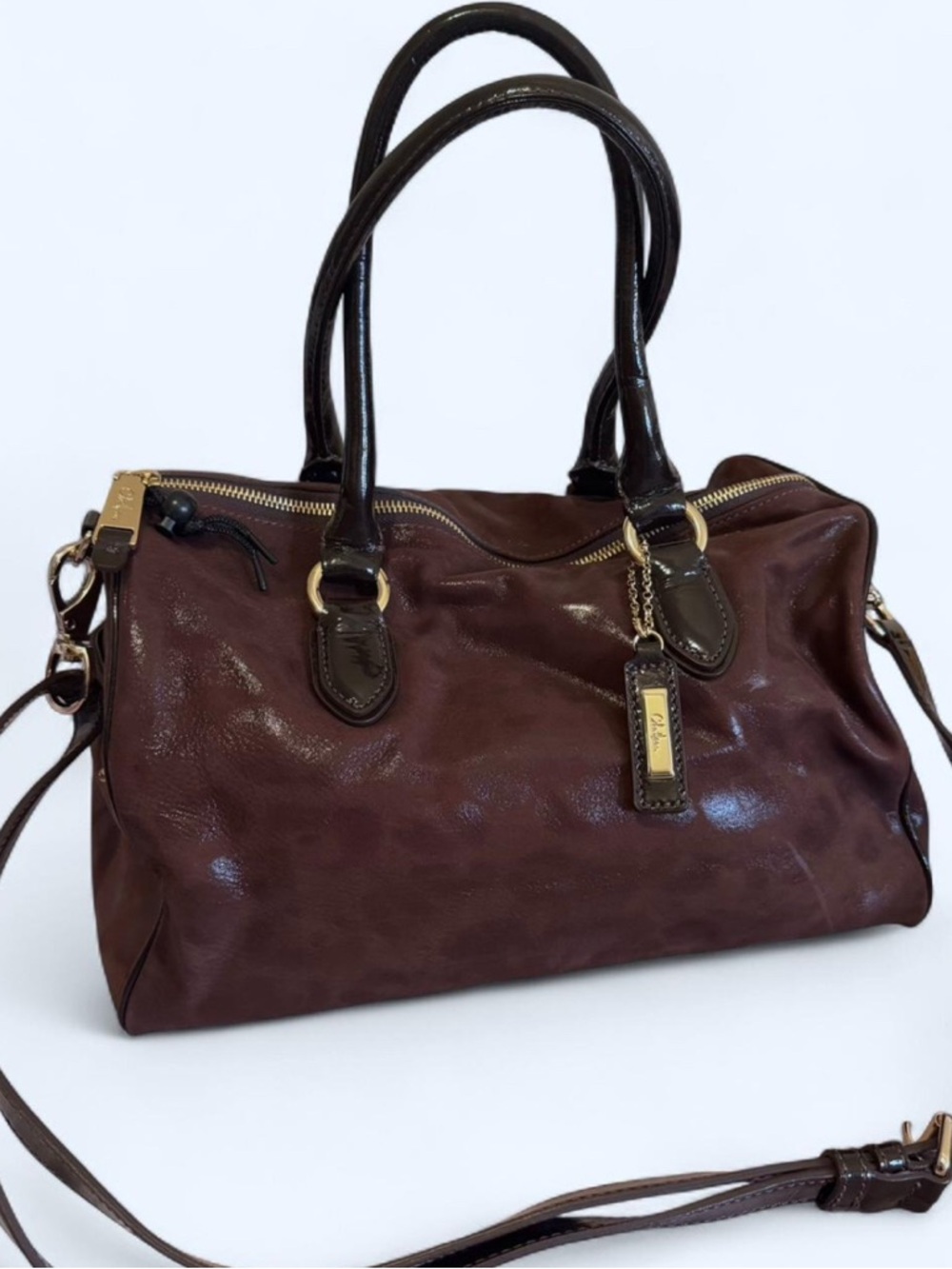Cole Haan Brown Leather Satchel Bag with Gold Hardware